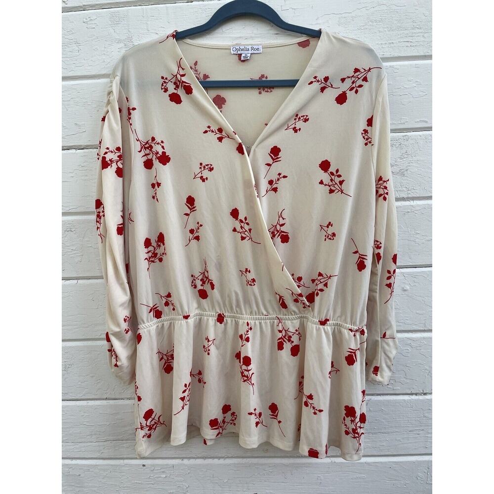 Ophelia Roe Top Ivory & Cherry Red Floral Wrap Front Stretch XL Ruched Career